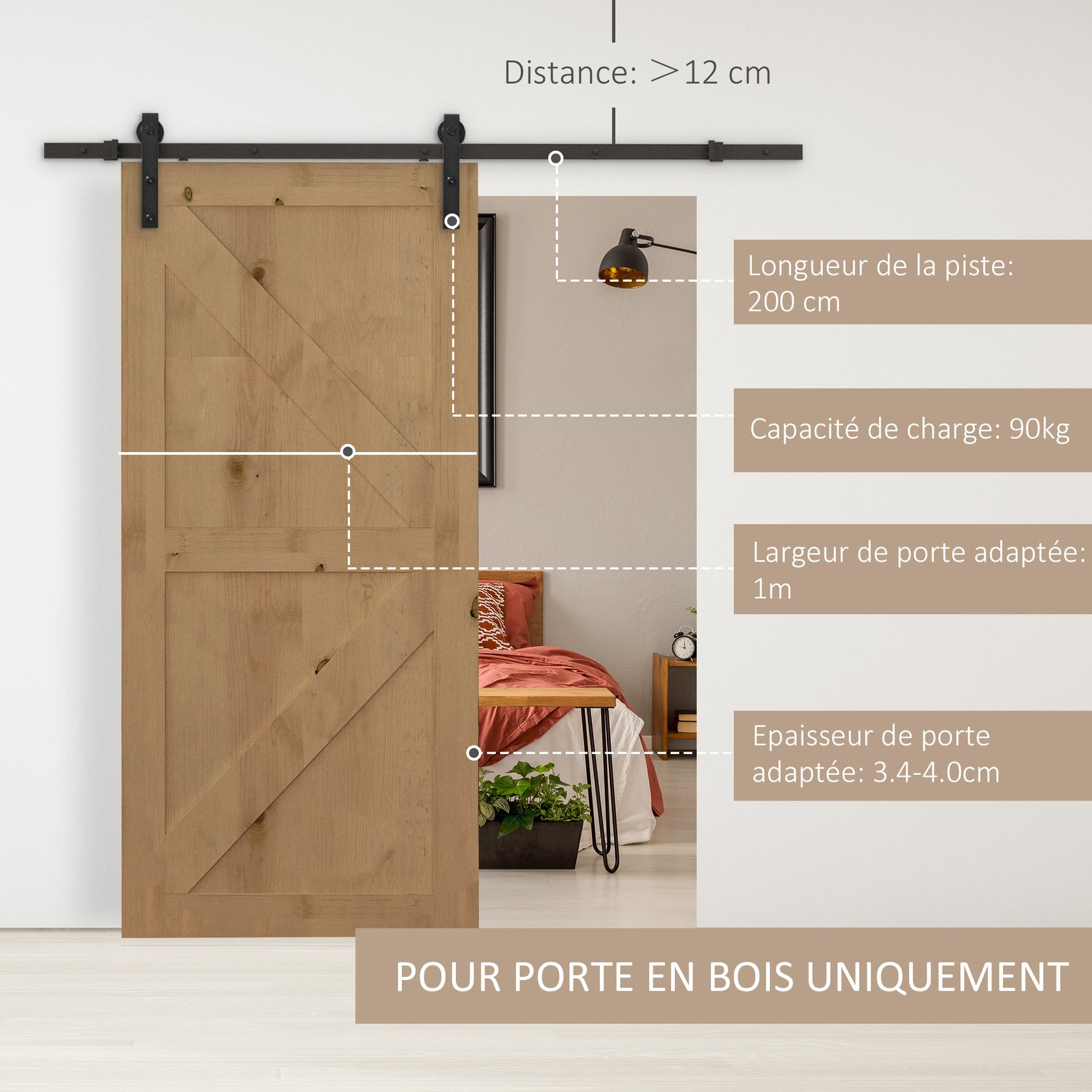 200 CM Rail porte coulissante quincaillerie de porte coulissante en acier au carbone capacité de charge 90 kg - noir