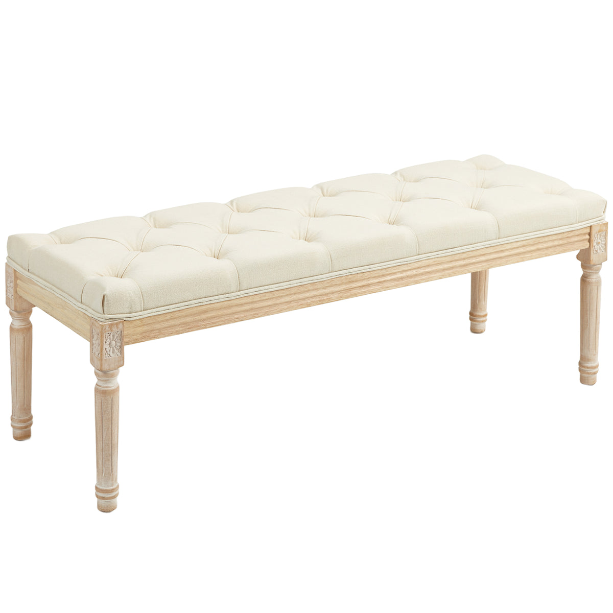 Banc Banquette classique capitonné 115cm bout de lit Rembourrée en lin - bois d'hévéa sculpté, patiné - crème