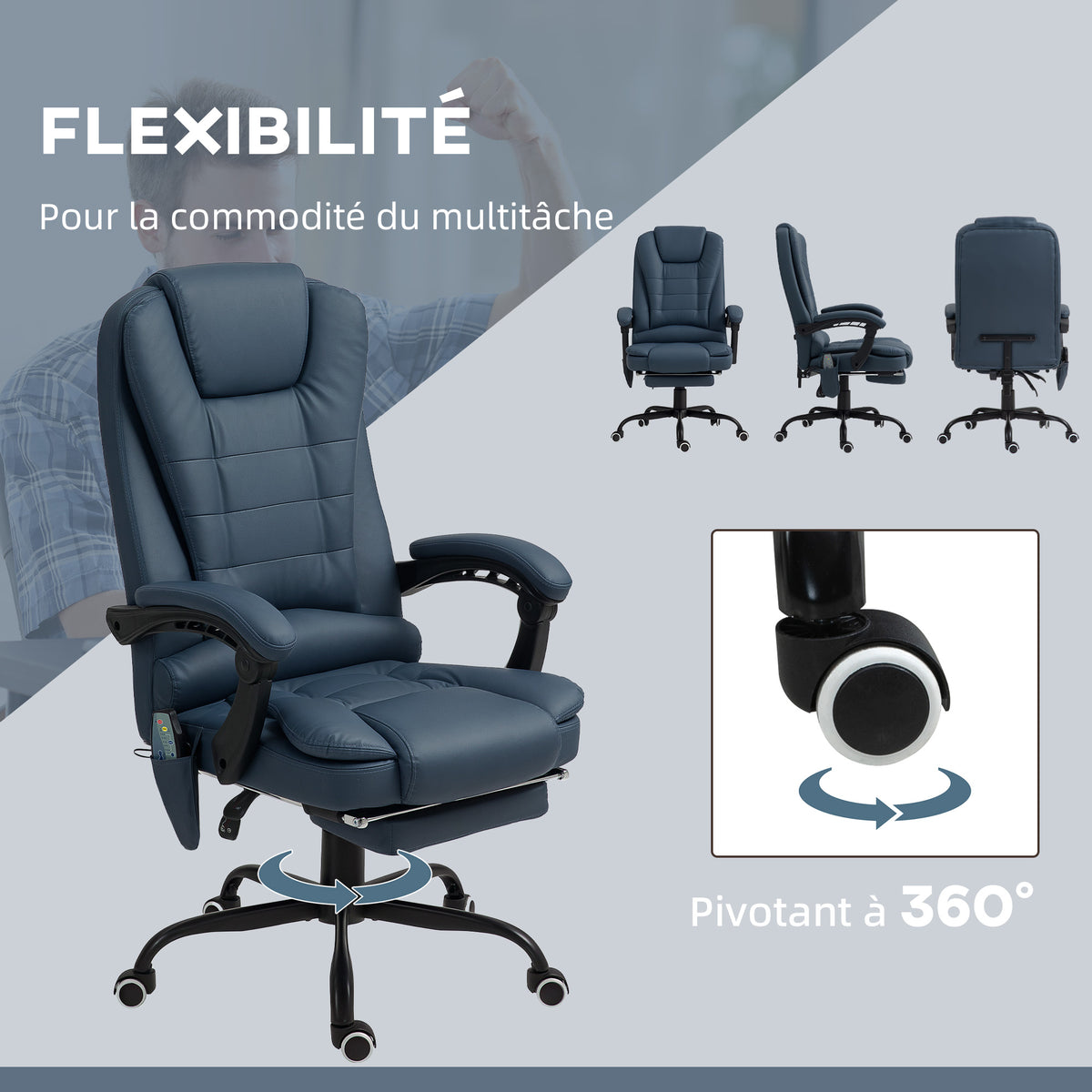 Fauteuil de bureau massant, chaise de bureau avec hauteur réglable, dossier inclinable et télécommande filaire, bleu