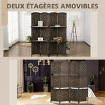 Paravent séparateur de pièce 4 panneaux 160 x170 cm avec 2 étagères, pliable, en bois