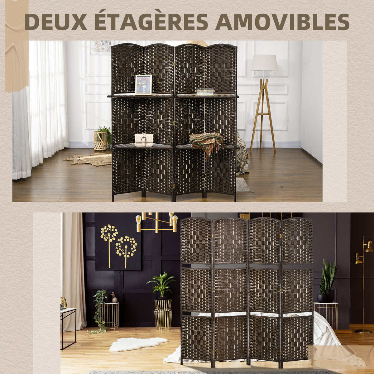 Paravent séparateur de pièce 4 panneaux 160 x170 cm avec 2 étagères, pliable, en bois