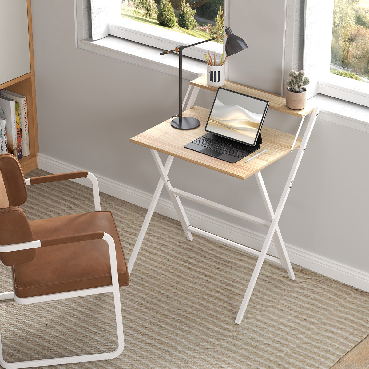 Scrivania pieghevole 65,5 x 45 cm con ripiano portaoggetti per camera da letto, piccoli spazi, legno naturale