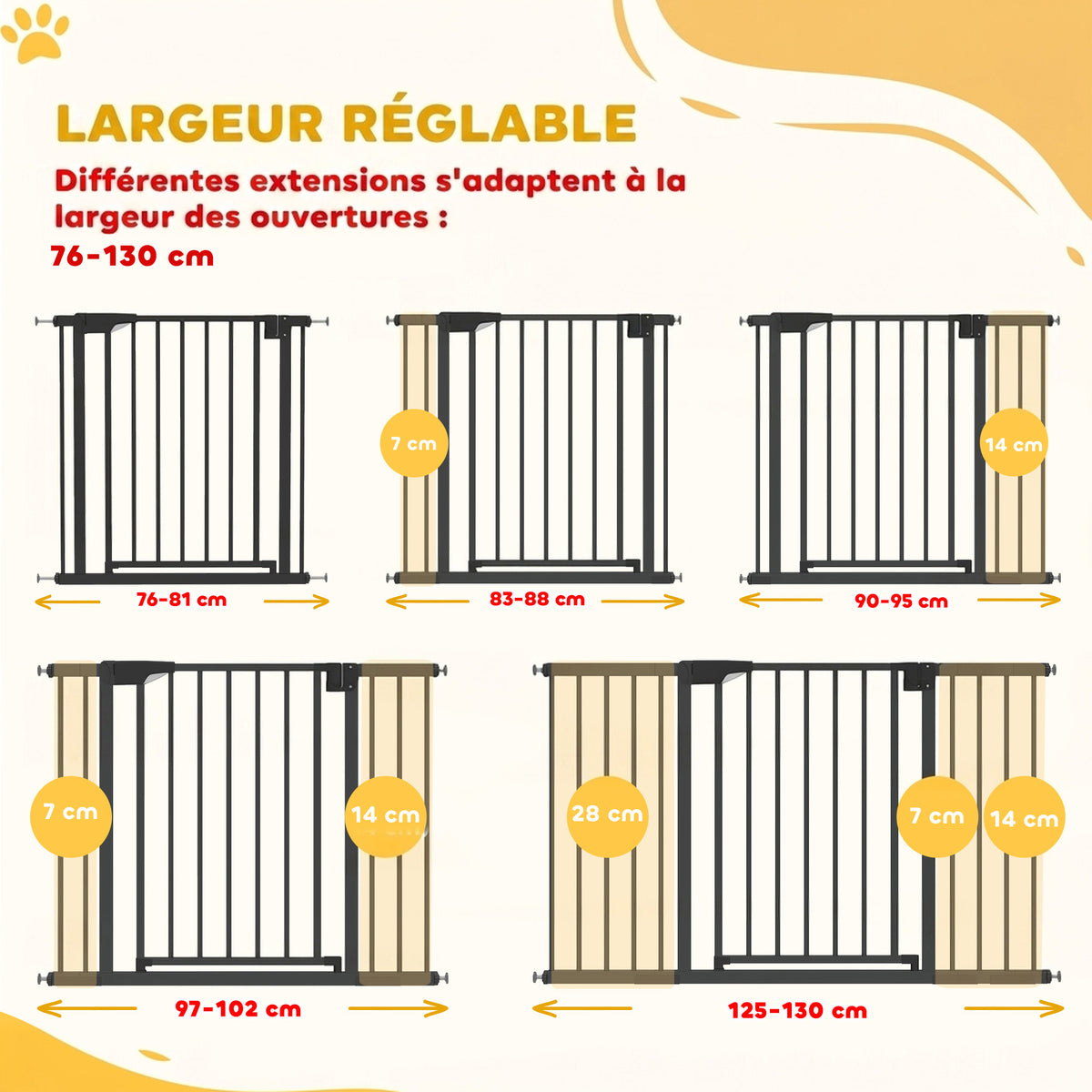 Barrière de sécurité pour chiens et bébés 76 à 130 cm avec extension fixation par pression sans perçage blanc