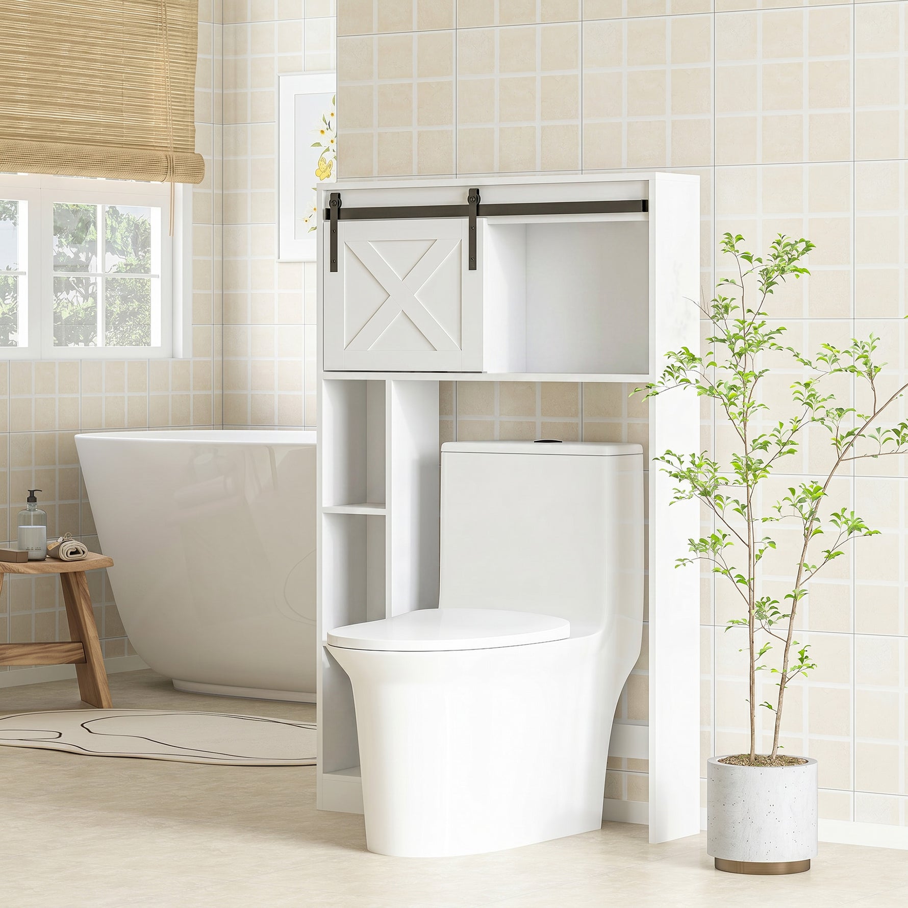 Meuble de rangement au-dessus des toilettes avec porte coulissante, Meuble étagère dessus WC, étagère réglable, blanc