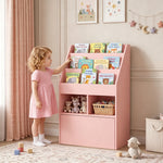 Bibliothèque étagère Multi-Rangement 3 étagères 2 niches Grand tiroir en bois Rose
