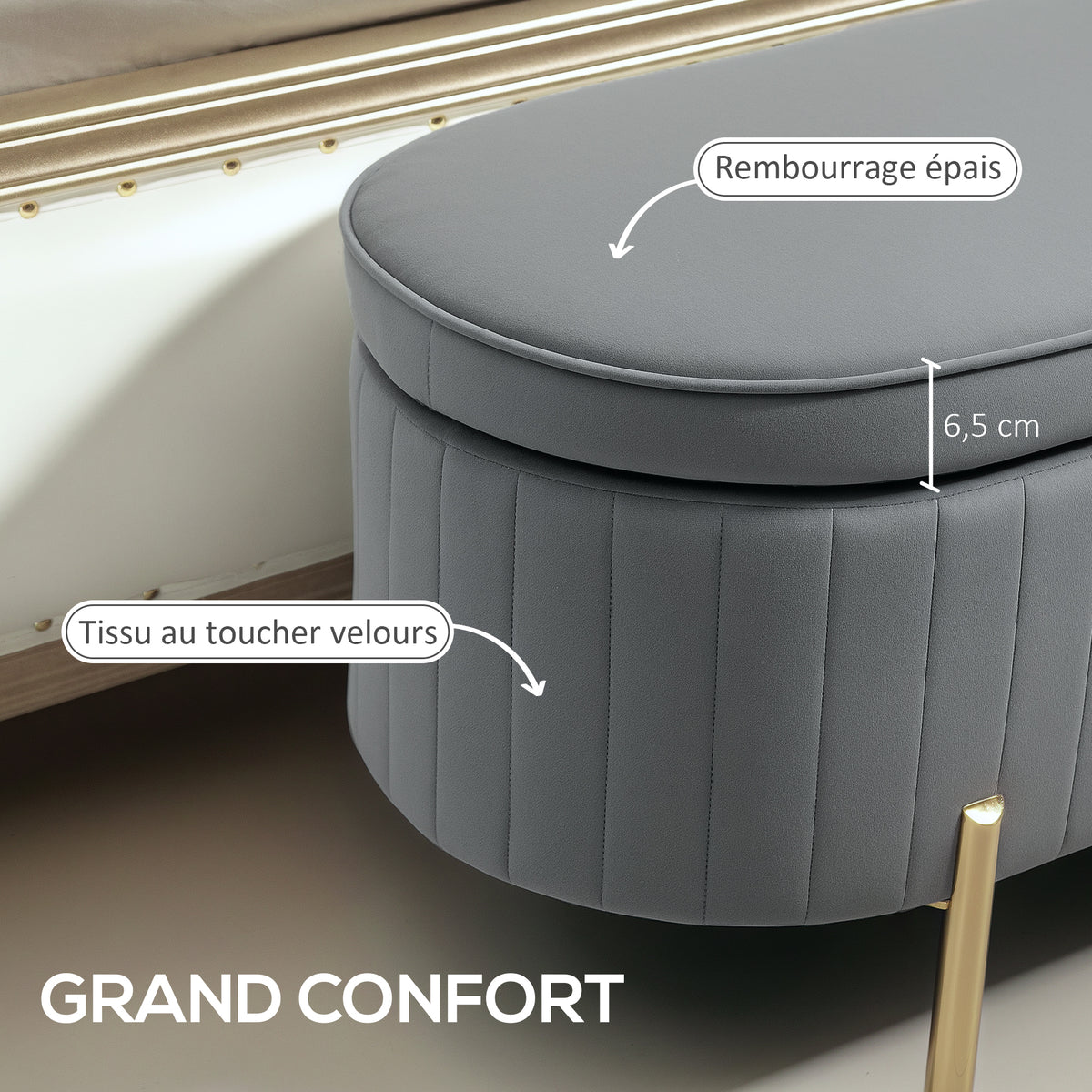 Banc de rangement, bout de lit en velours avec couvercle, pieds en métal, capacité 72 L, 107x42x45,5cm, gris