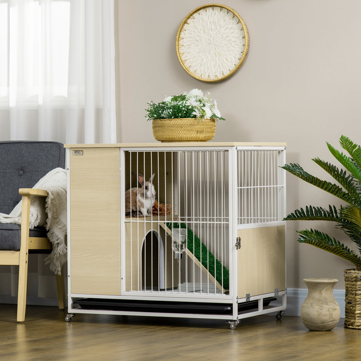 Cage à lapin clapier sur roulettes toit ouvrant plates-formes avec plateau amovible 78 x 52,5 x 76,5 cm naturel