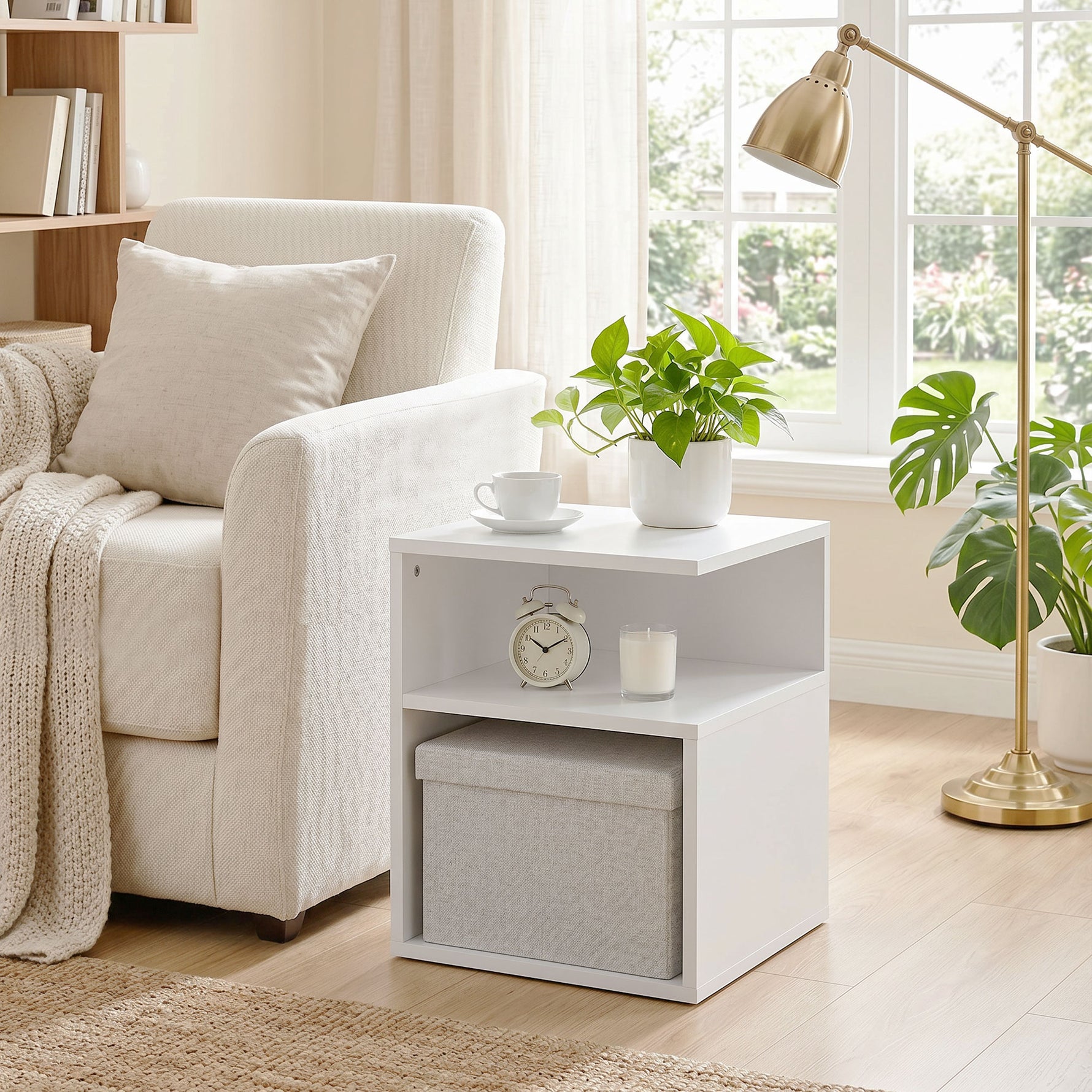 Table d'Appoint, Table Basse Moderne 3 Niveaux avec Étagères Ouvertes, pour Salon, Chambre ou Bureau, Blanc