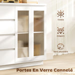 Buffet salon, meuble de rangement avec 4 tiroirs et 2 portes en verre trempé, étagère réglable, 120 x 40 x 91 cm, blanc