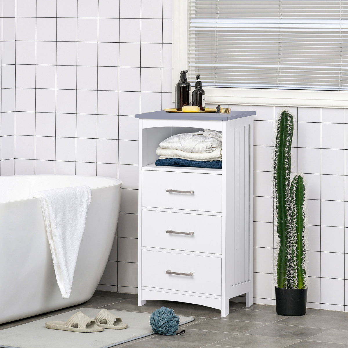 Meuble de salle de bain sur pied meuble de rangement avec 3 tiroirs et 1 niche 40 x 33 x 80 cm blanc