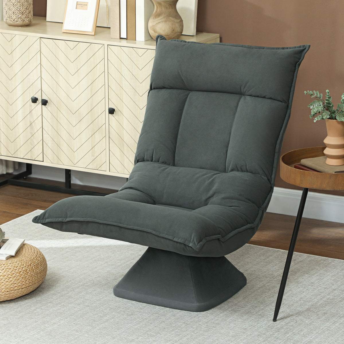 360° swivel floor chair, foldable velvet armchair with 5-position adjustable backrest, 70x62x95cm, dark gray