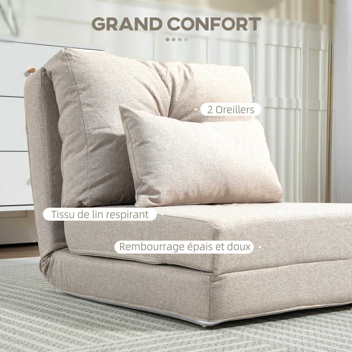 Chauffeuse canapé-lit convertible fauteuil 1 place avec 1 coussin avec dossier réglable, beige