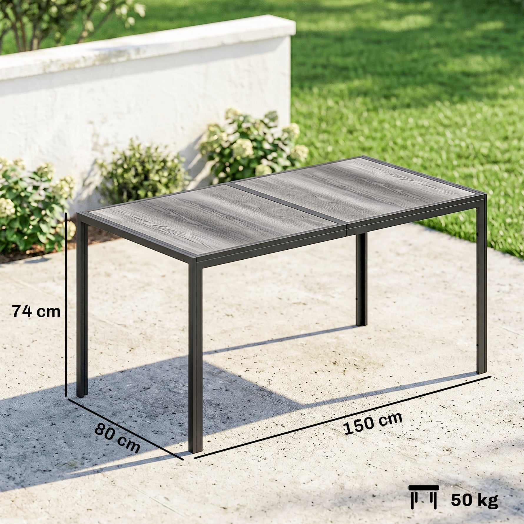 Table de jardin pour 4 à 6 personnes, table à manger extérieure avec plateau à effet bois, 150 x 80 x 74 cm, gris
