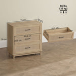 Commode 3 Tiroirs en Rotin, Meuble de Rangement, Chiffonnier, Pieds en Bois Massif, Style Bohème, 76x35x76cm, Chêne
