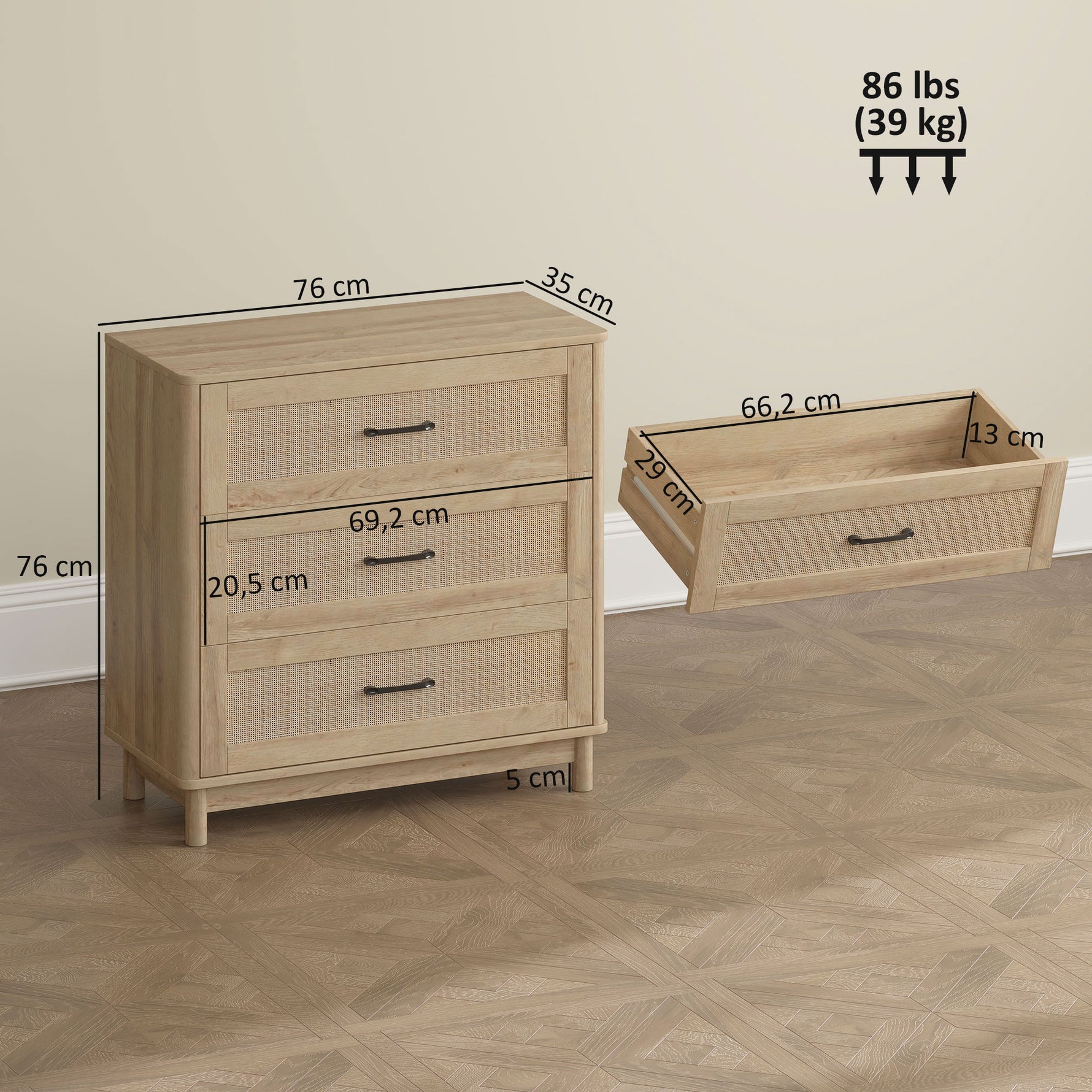 Commode 3 Tiroirs en Rotin, Meuble de Rangement, Chiffonnier, Pieds en Bois Massif, Style Bohème, 76x35x76cm, Chêne