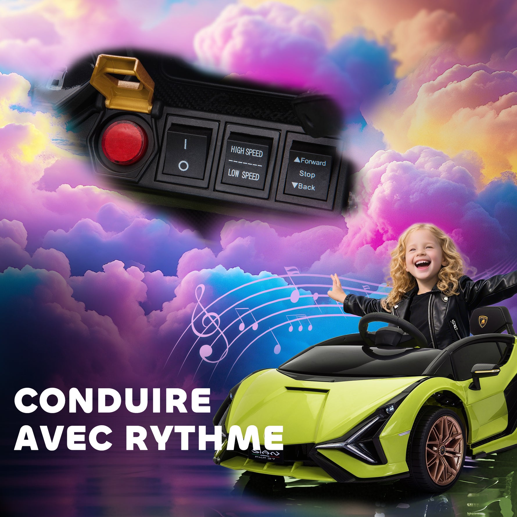 Voiture électrique Enfants de Sport Véhicule électrique Lamborghini Sian 12 V - V. Max. 5 Km/h avec Télécommande 2,4G Effets sonores + Lumineux Vert