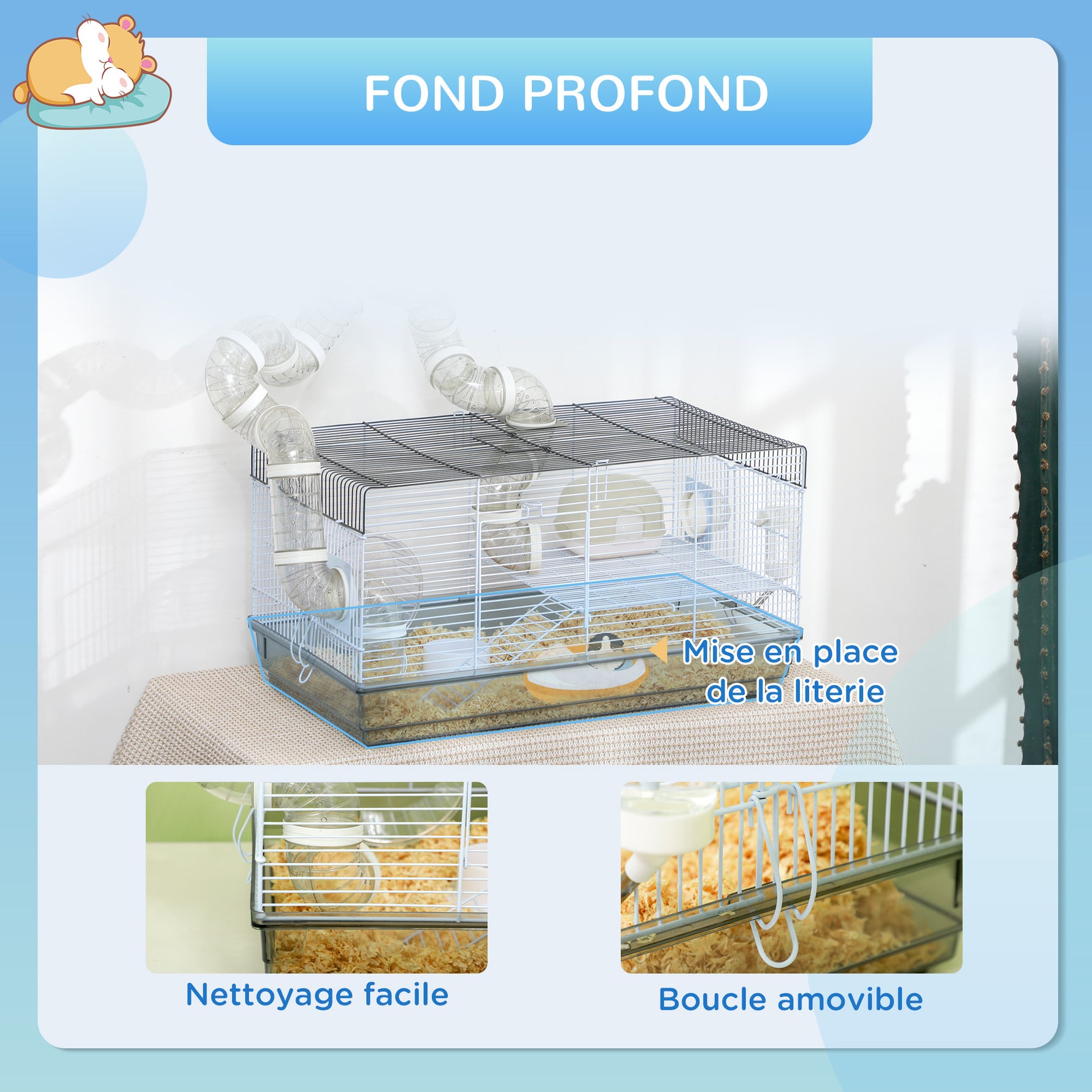 Cage hamster cage rongeur avec tunnel et accessoires inclus fil d'acier 58 x 32 x 31 cm gris
