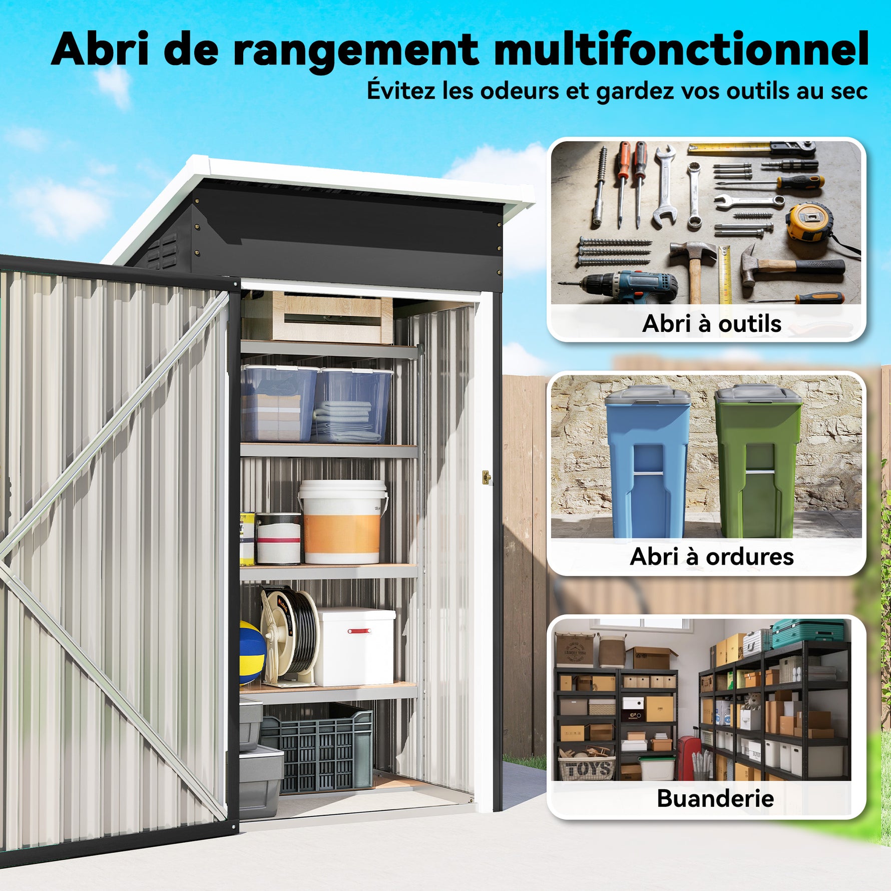 Abri de jardin en métal, cabane de jardin, porte verrouillable, toit incliné, aérations et gants, 107,5x91x185cm, gris