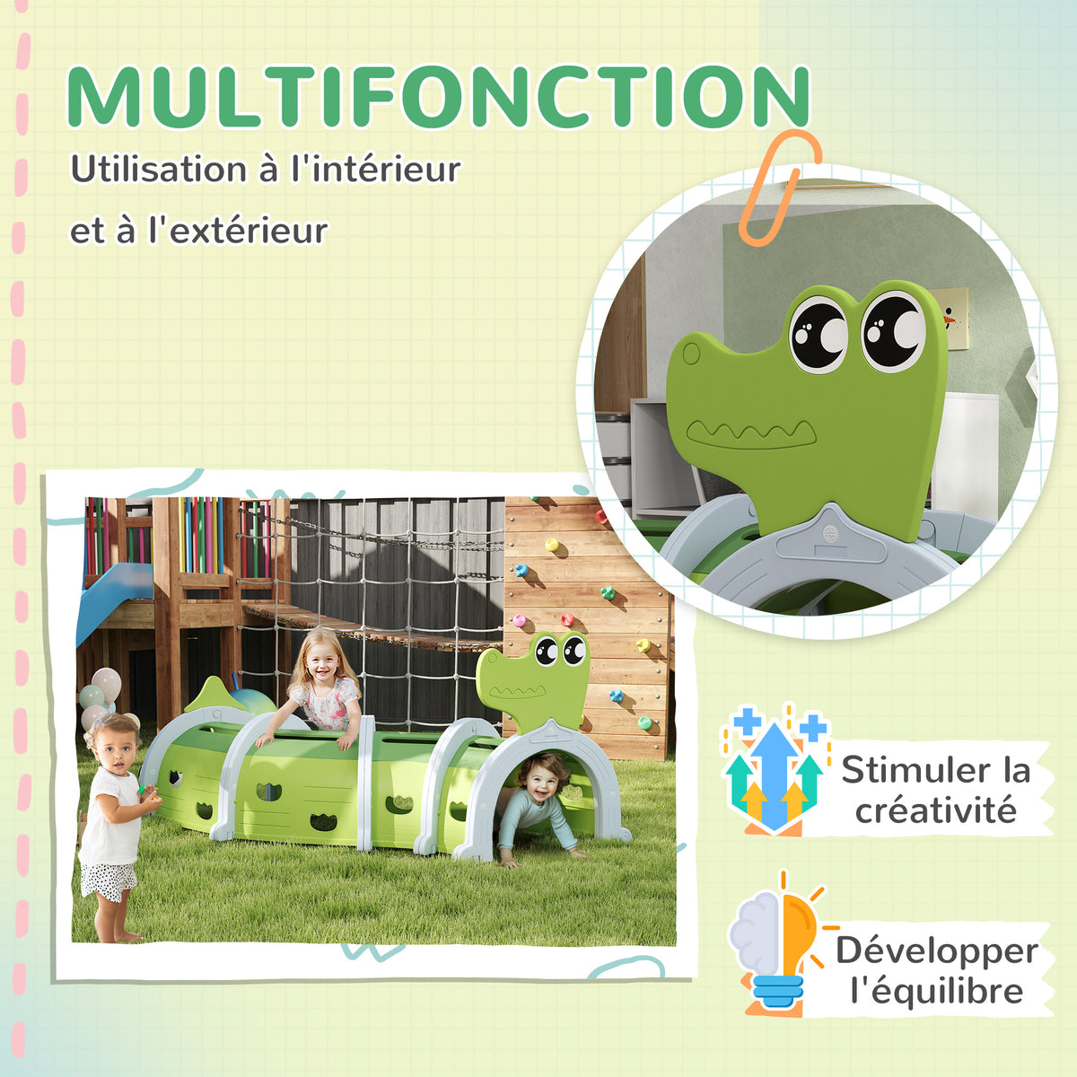 Tunnel enfant en forme de crocodile, modulable, tunnel de jeu pour enfants, enfants de 3 à 6 ans ramper et grimper, vert