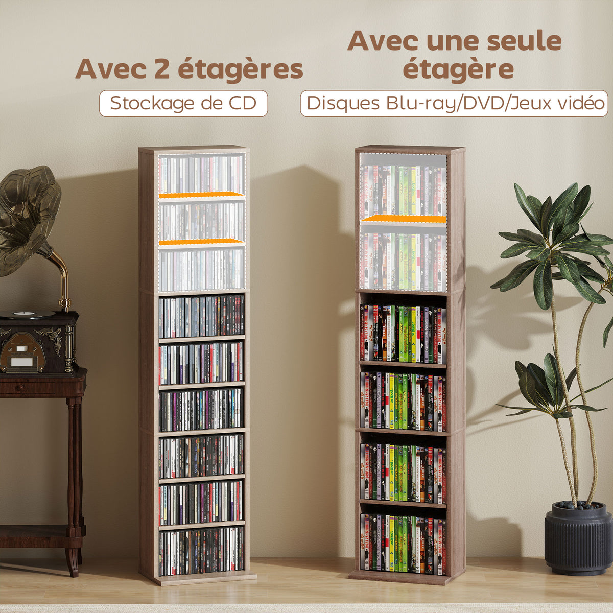 Rangements pour CD et DVD 9 compartiments et 6 étagères réglables capacité max. 260 CD/120 DVD 33 x 24 x 140 cm bois naturel