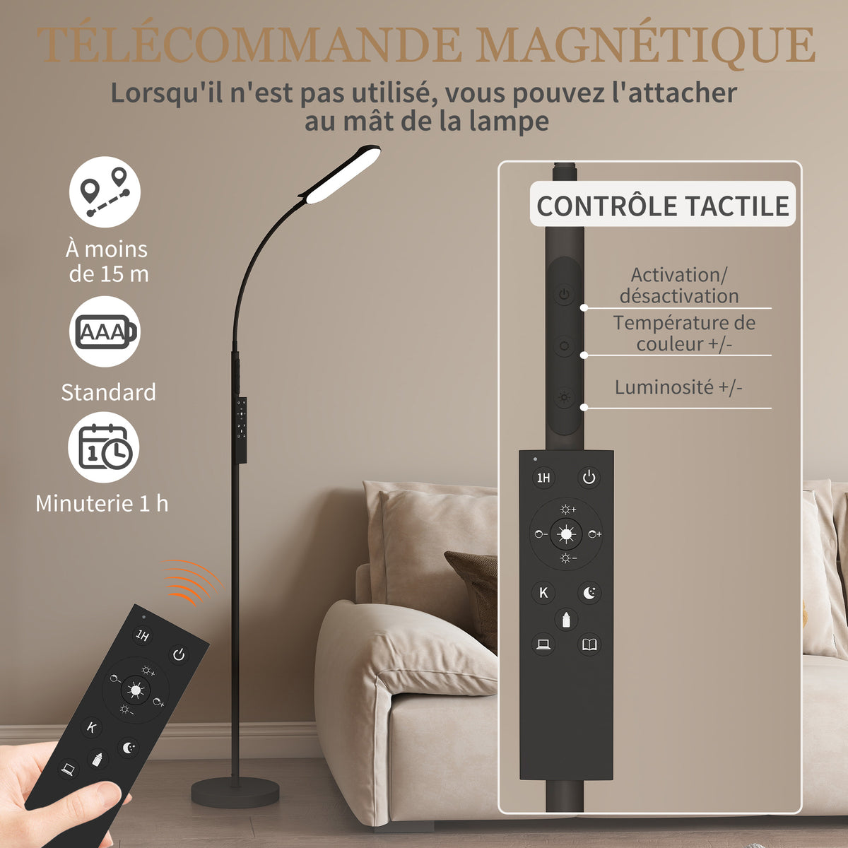 Lampadaire sur pied de salon avec télécommande, contrôle tactile, température couleur et luminosité réglables, noir