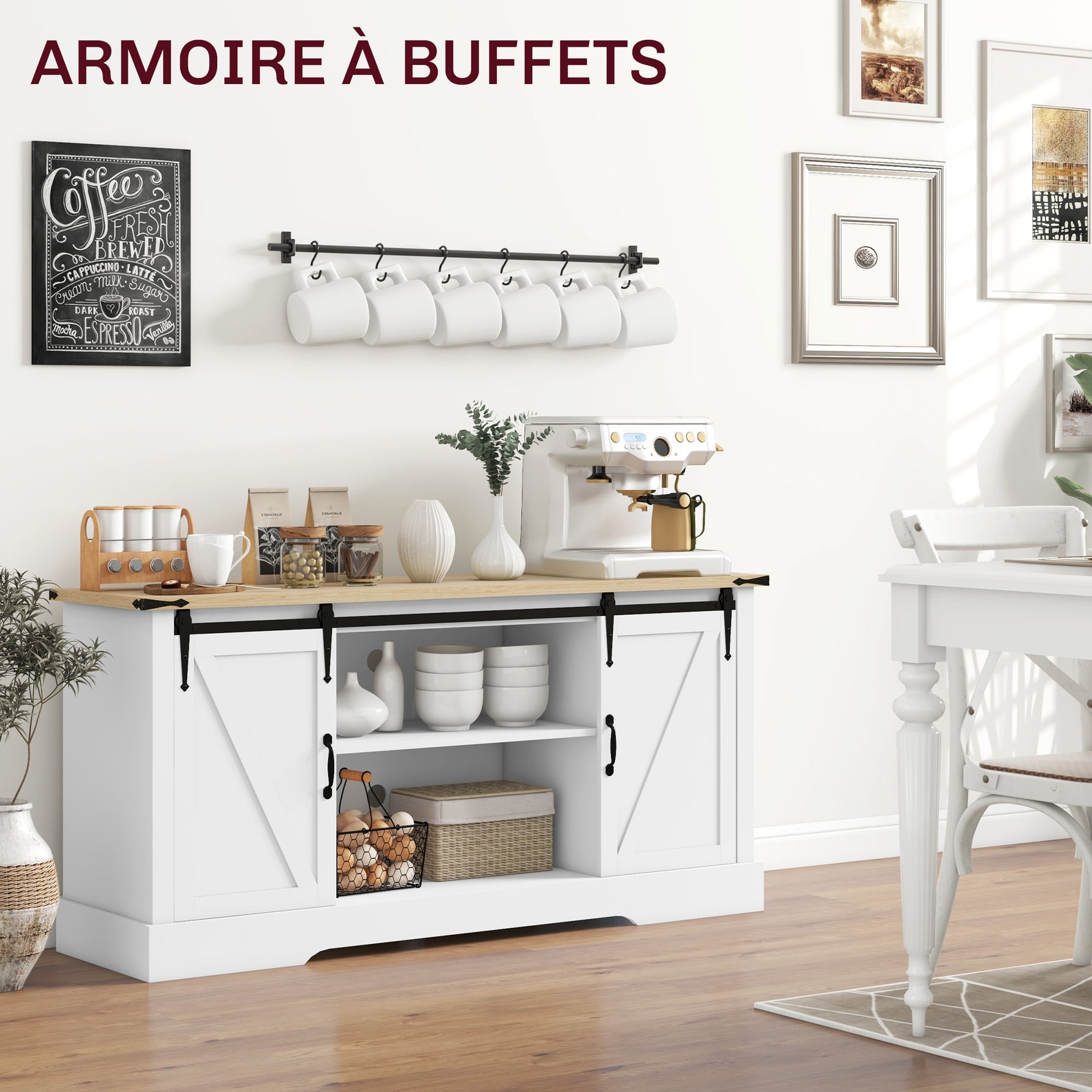 Buffet meuble de rangement avec 2 portes coulissantes étagères réglables 150l x 40P x 72H cm en bois blanc chêne