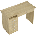 Bureau moderne avec 5 tiroirs, grand plateau, 1 compartiment ouvert, tiroir verrouillable, 110 x 50 x 76cm, chêne