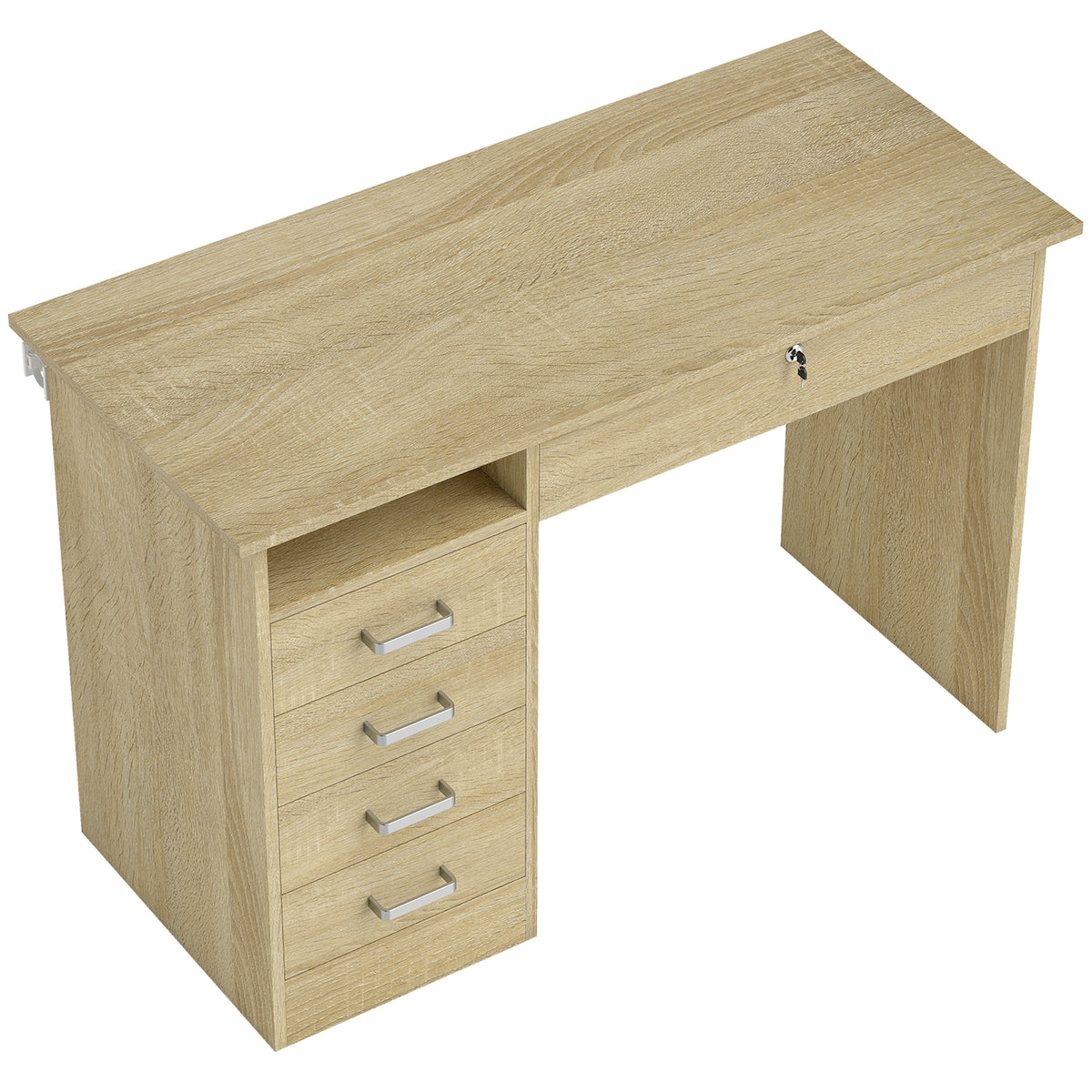 Bureau moderne avec 5 tiroirs, grand plateau, 1 compartiment ouvert, tiroir verrouillable, 110 x 50 x 76cm, chêne