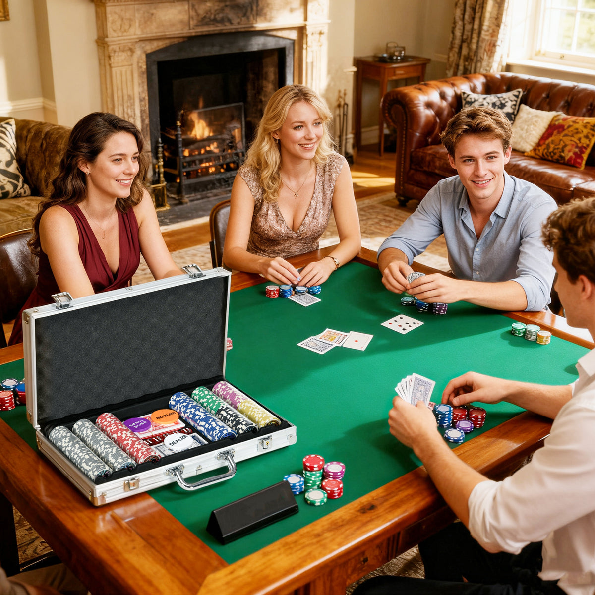 Poker-Koffer, komplettes Poker-Set, abschließbar, mit 300 Chips, 2 Kartendecks, 3 Buttons, 1 Filzmatte