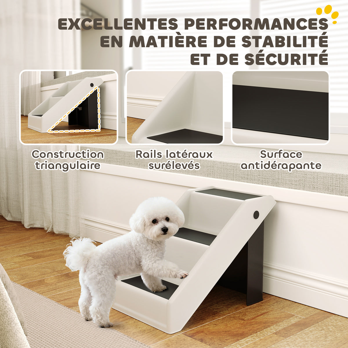 Scalinata pieghevole per cani a 3 gradini antiscivolo, scala per animali in plastica 53 x 30,5 x 36,5 cm, crema