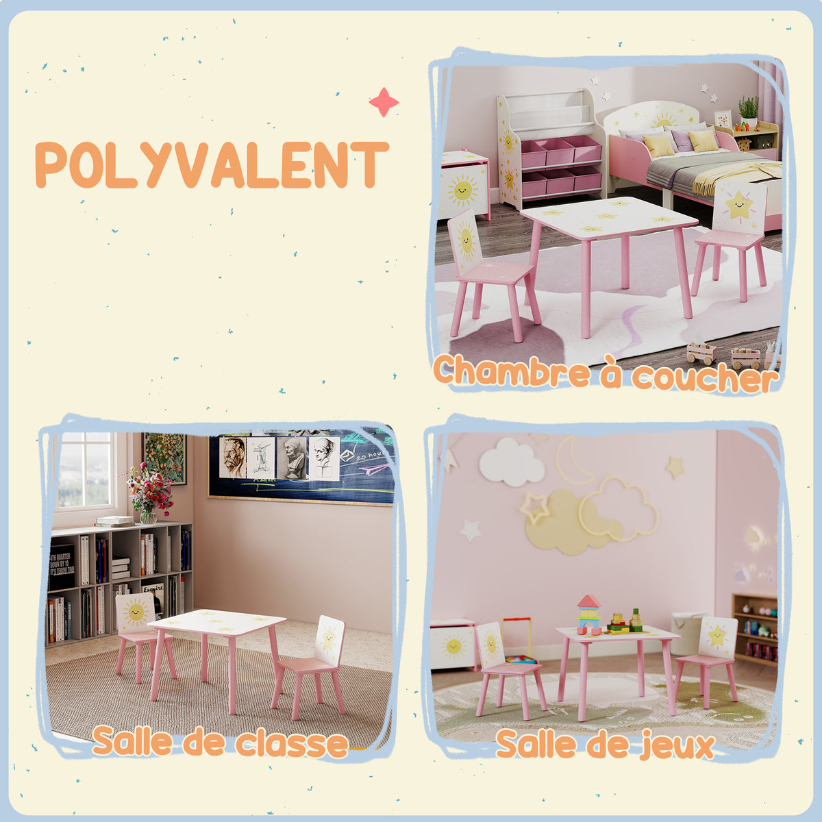 Mesa infantil con silla, juego de mesa y 2 sillas infantiles de madera, motivos de estrellas, 60 x 60 x 44 cm, rosa