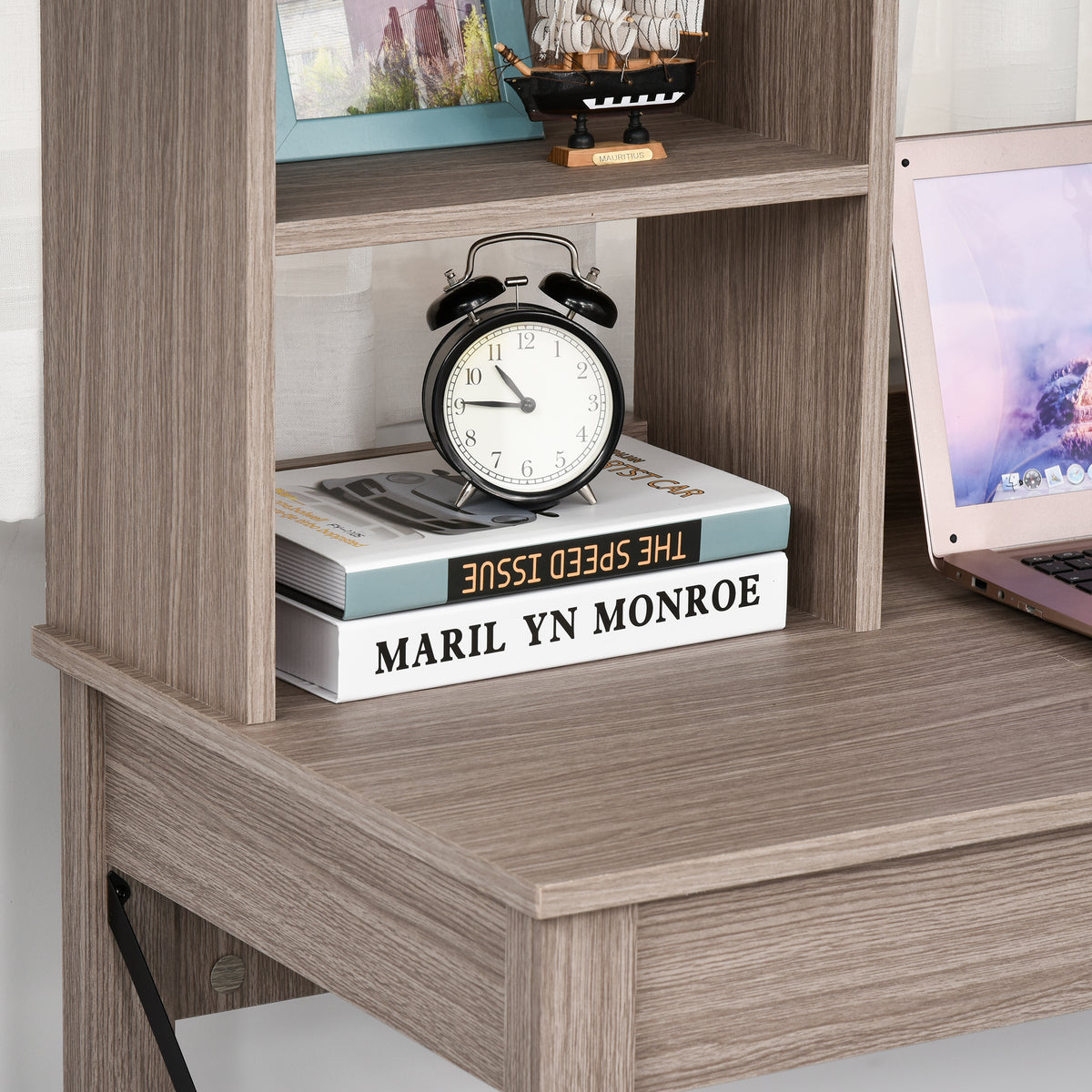 Bureau avec rangement bibliothèque en bois moderne avec étagères et grand plateau pour petits espaces maison