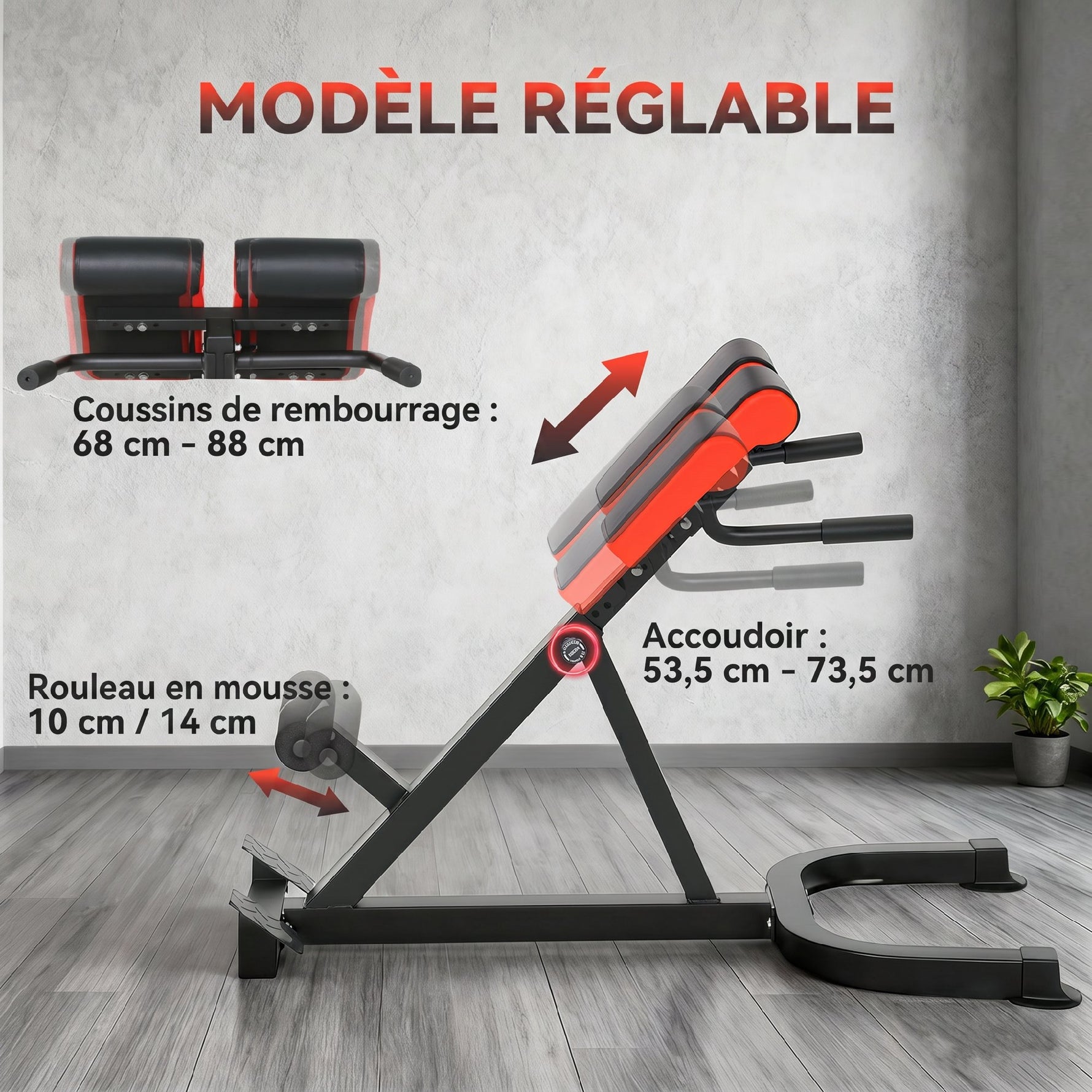 Banc de Musculation Réglable 5 Niveaux, Chaise Romaine avec Rouleaux en Mousse Dense, 112 x 62 x 88 cm, Noir et Rouge