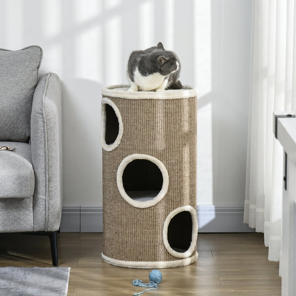 Tonneau à Gratter pour Chat, Tour à Griffer en Sisal à 3 Niveaux Recouvert de Peluche, Ø 38 x 70 cm, Marron