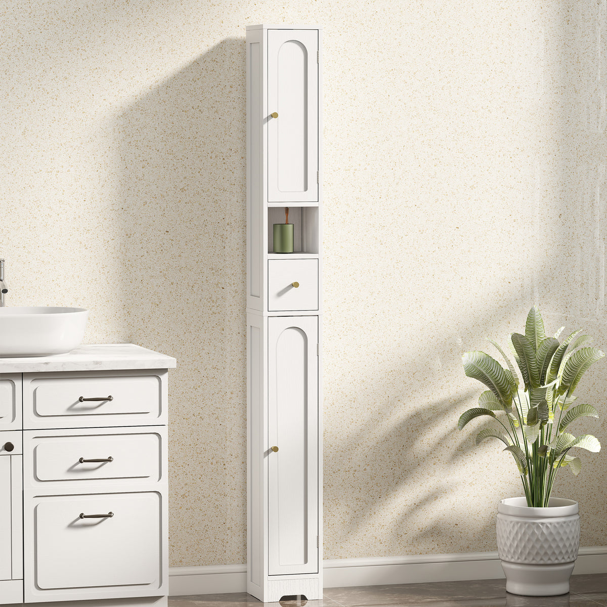 Meuble colonne salle de bain, meuble de rangement, 2 portes, tiroir, compartiment ouvert, étagère réglable, blanc