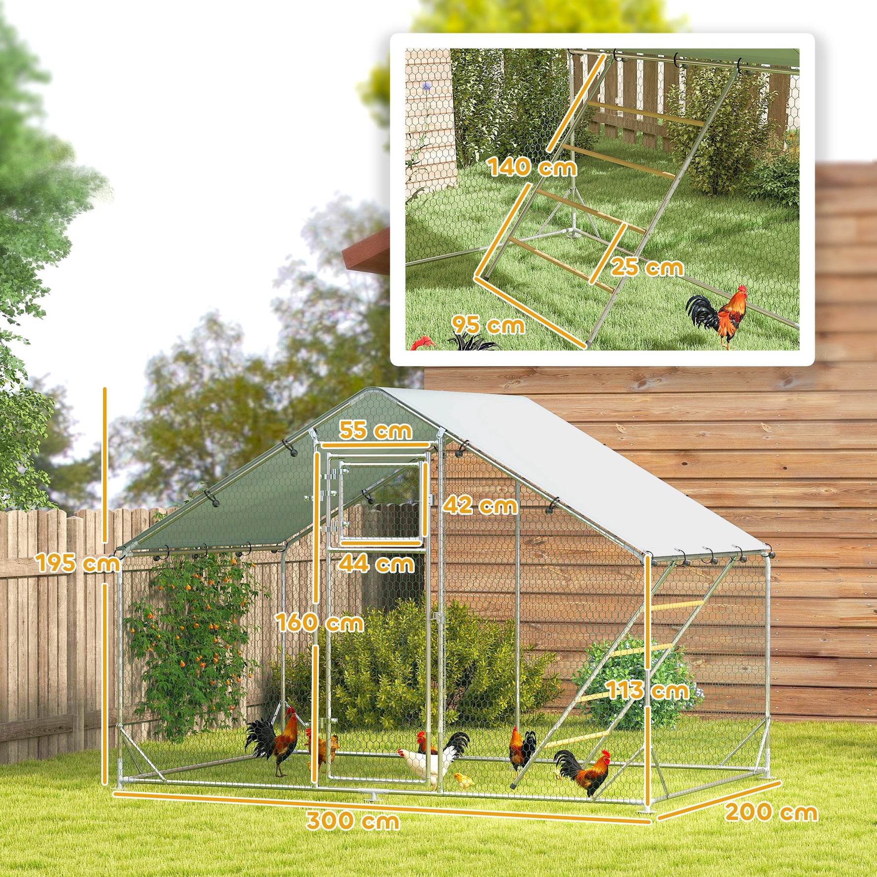 Enclos poulailler extérieur parc grillagé 6 m² avec perchoir et mangeoire acier galvanisé Ø25mm 300x200x195cm argent