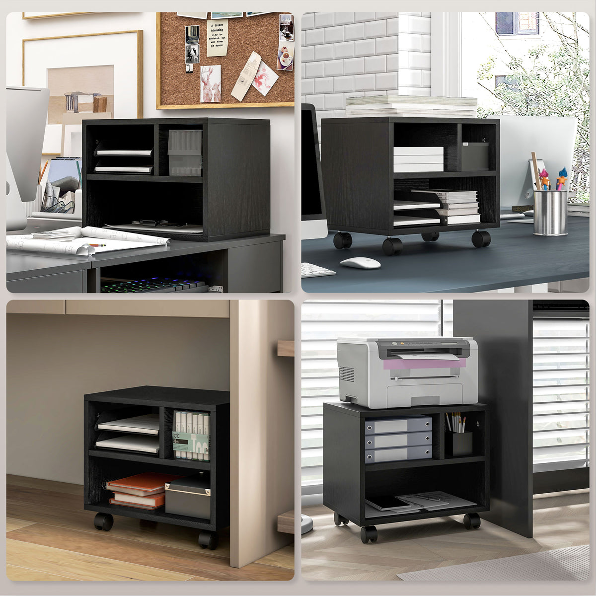 Support d'imprimante meuble de rangement bureau caisson 3 compartiments ouverts 40 x 30 x 36 cm noir