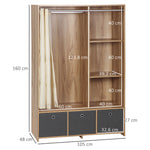 Kleiderschrank Aufbewahrungsschrank mit Kleiderstange, Vorhängen und 3 herausnehmbaren Stoffschubladen, 105 x 48 x 160 cm, natur