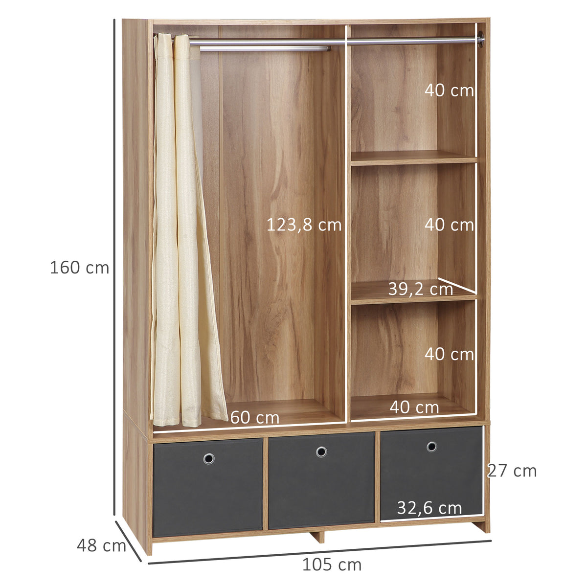 Kleiderschrank Aufbewahrungsschrank mit Kleiderstange, Vorhängen und 3 herausnehmbaren Stoffschubladen, 105 x 48 x 160 cm, natur