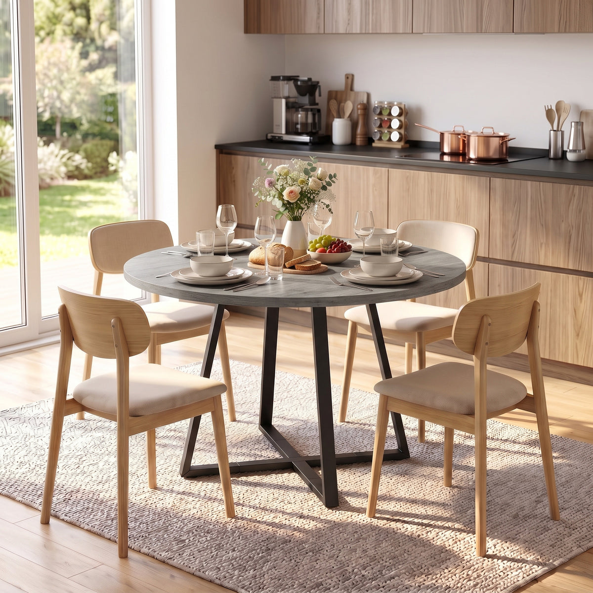 Round Dining Table for 4 People Ø 100 cm, Square Carbon Steel Frame, Industrial Style, Grey Wood Effect