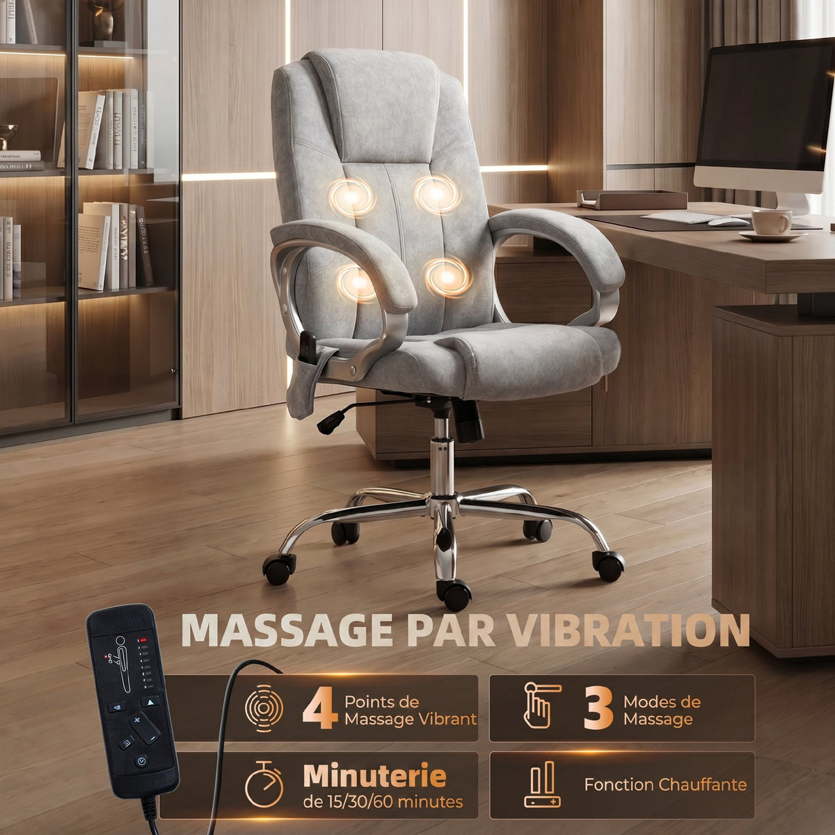 Fauteuil de Bureau Massant et Chauffant, Chaise de Bureau Ergonomique, Hauteur et Accoudoirs Réglables, Gris