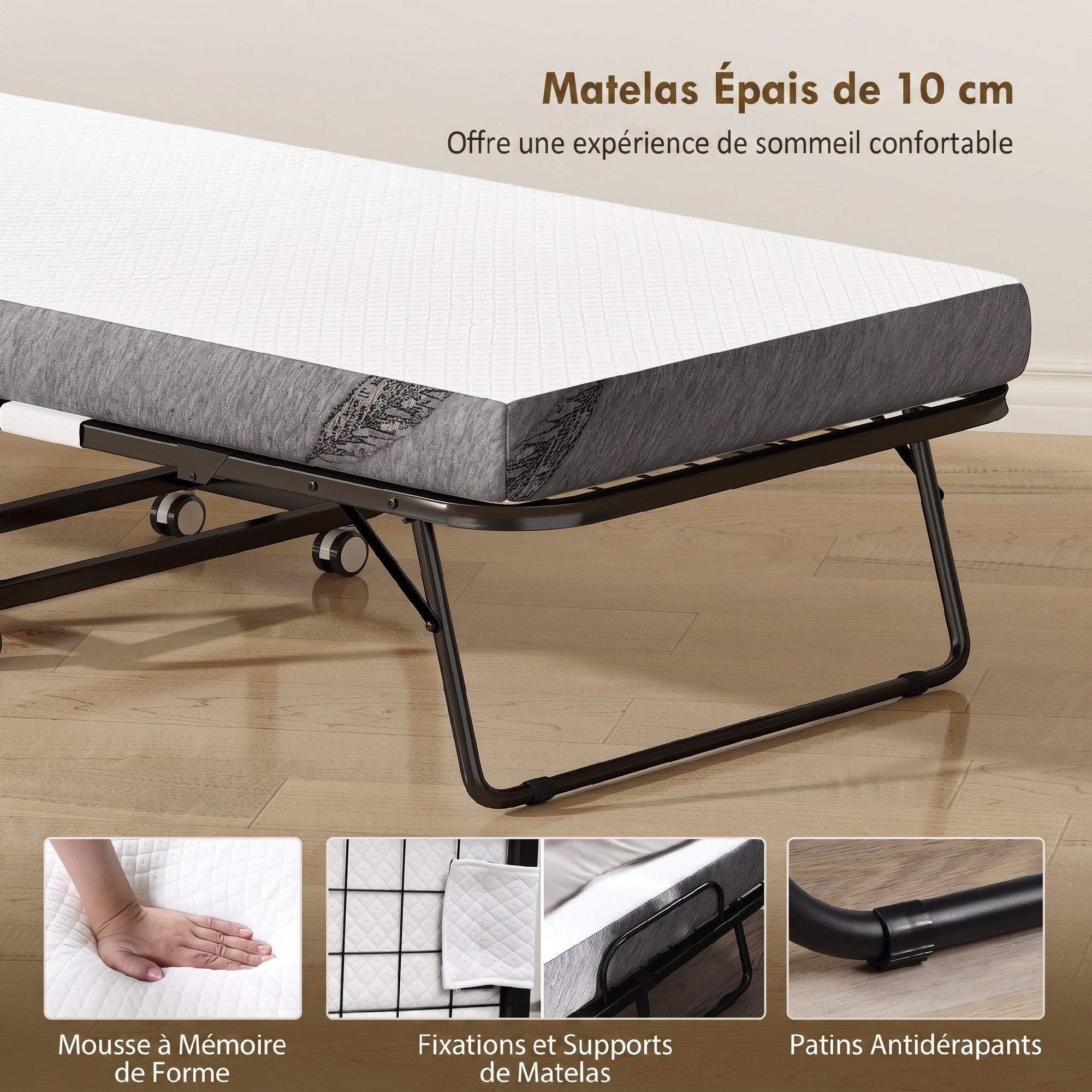 Lit pliant 1 personne 200 x 90 cm avec matelas, lit d'appoint pliable et portable sur roulettes, cadre en acier, blanc