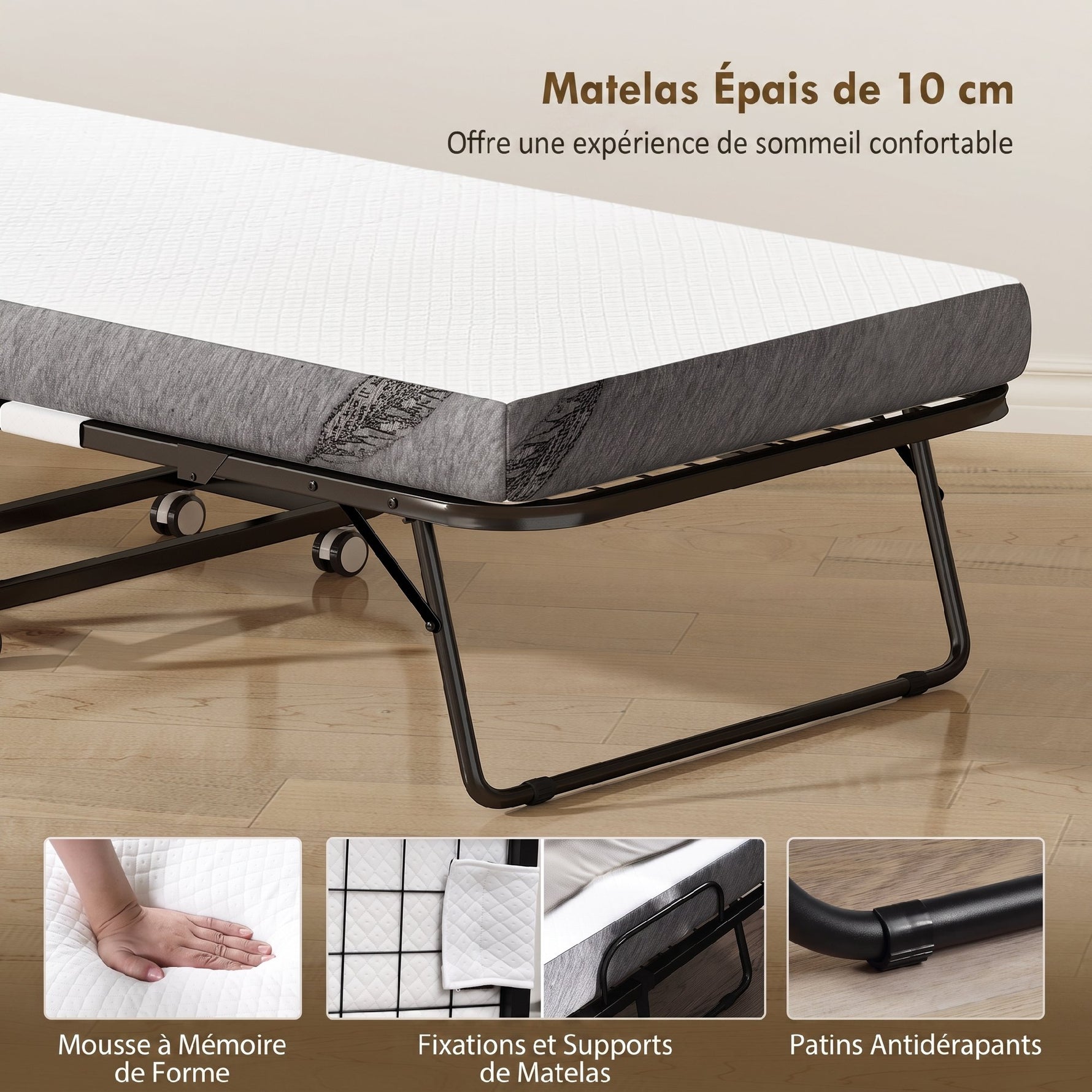 Lit pliant 1 personne 200 x 90 cm avec matelas, lit d'appoint pliable et portable sur roulettes, cadre en acier, blanc
