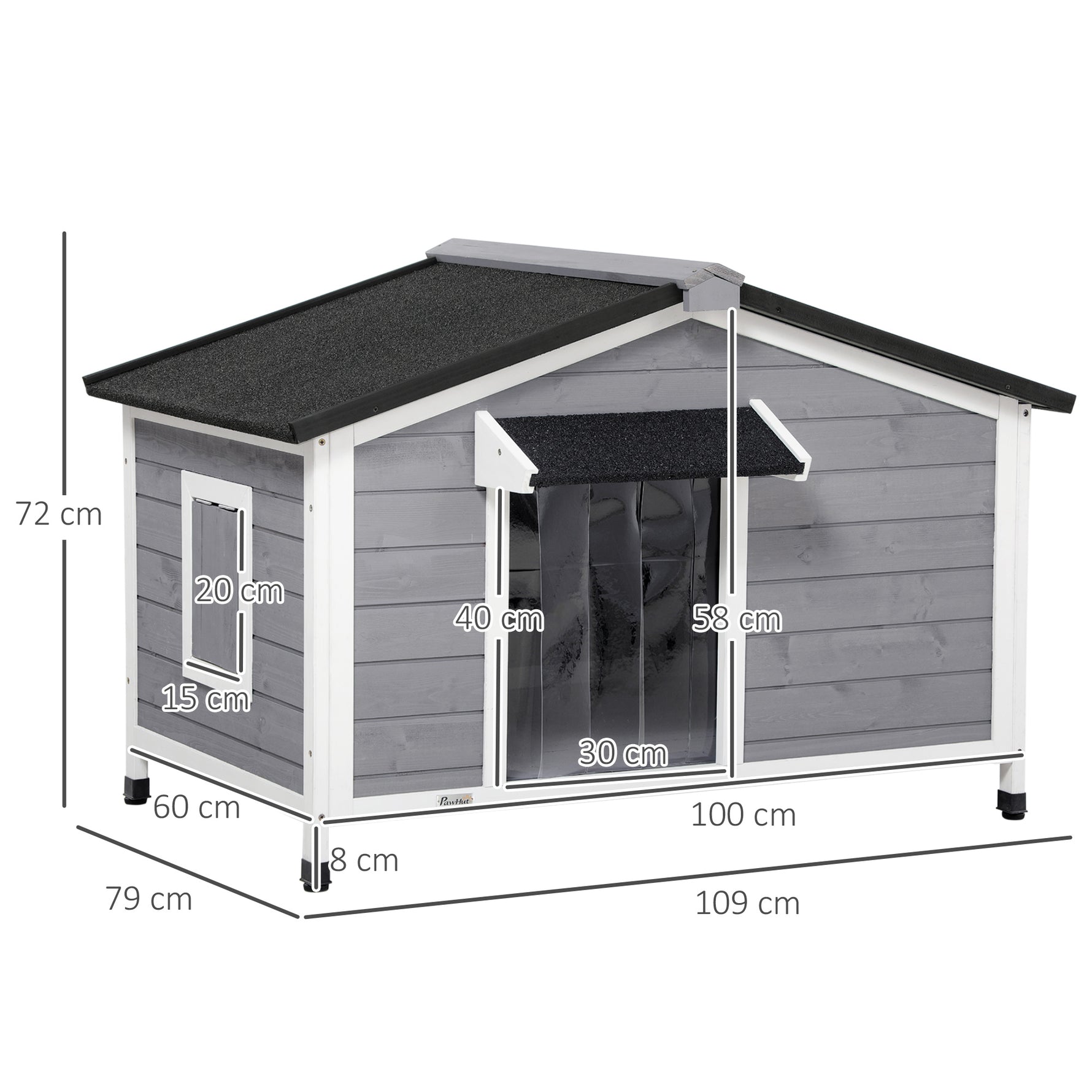 Niche chien style cottage - 2 fenêtres, porte, toit ouvrant bitumé - dim. 109 x 79 x 72 cm - bois sapin gris