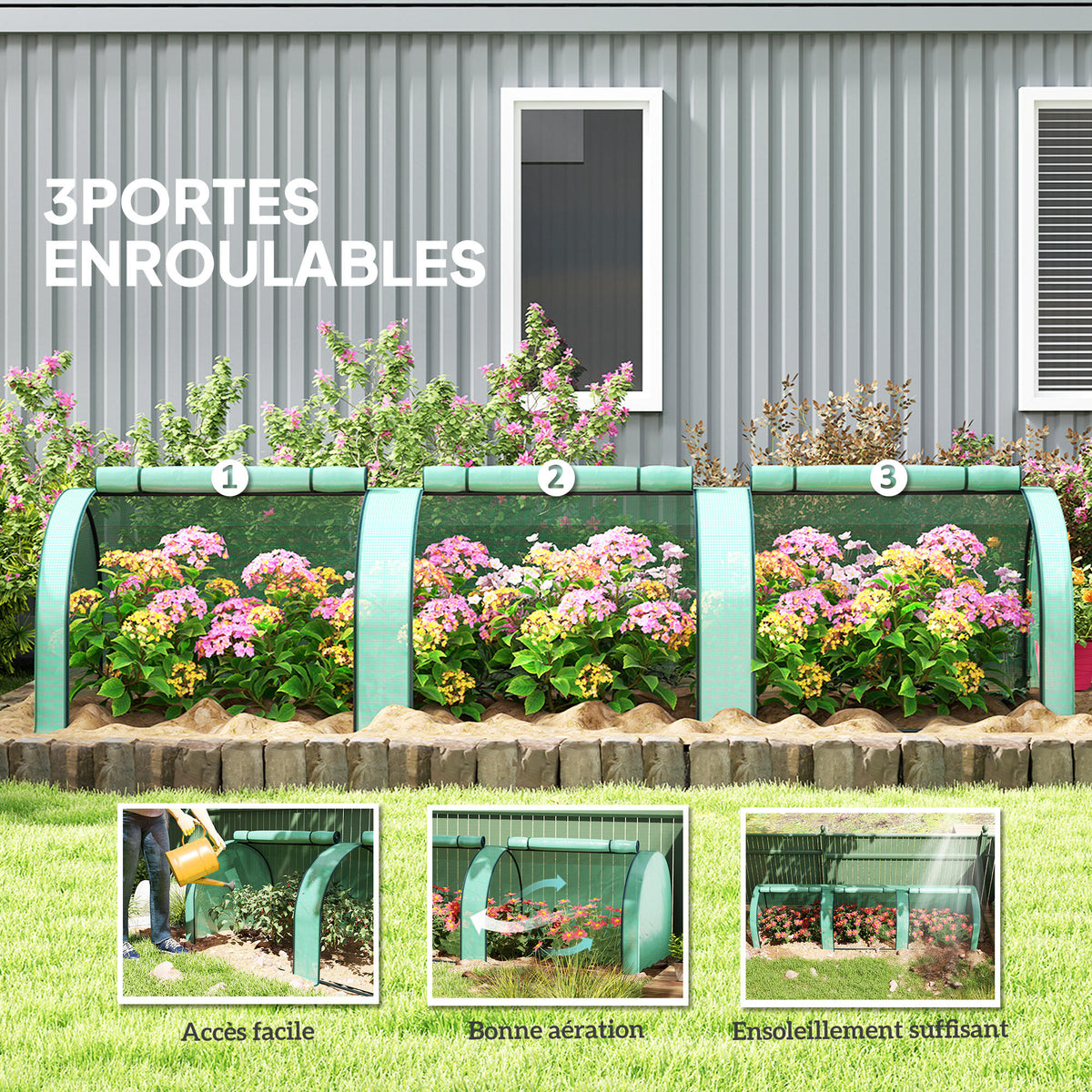 Mini Serre de Jardin Serre à tomates 3,5L x 1l x 0,8H m Acier PE Haute densité 140 g/m² Anti-UV 3 fenêtres vert