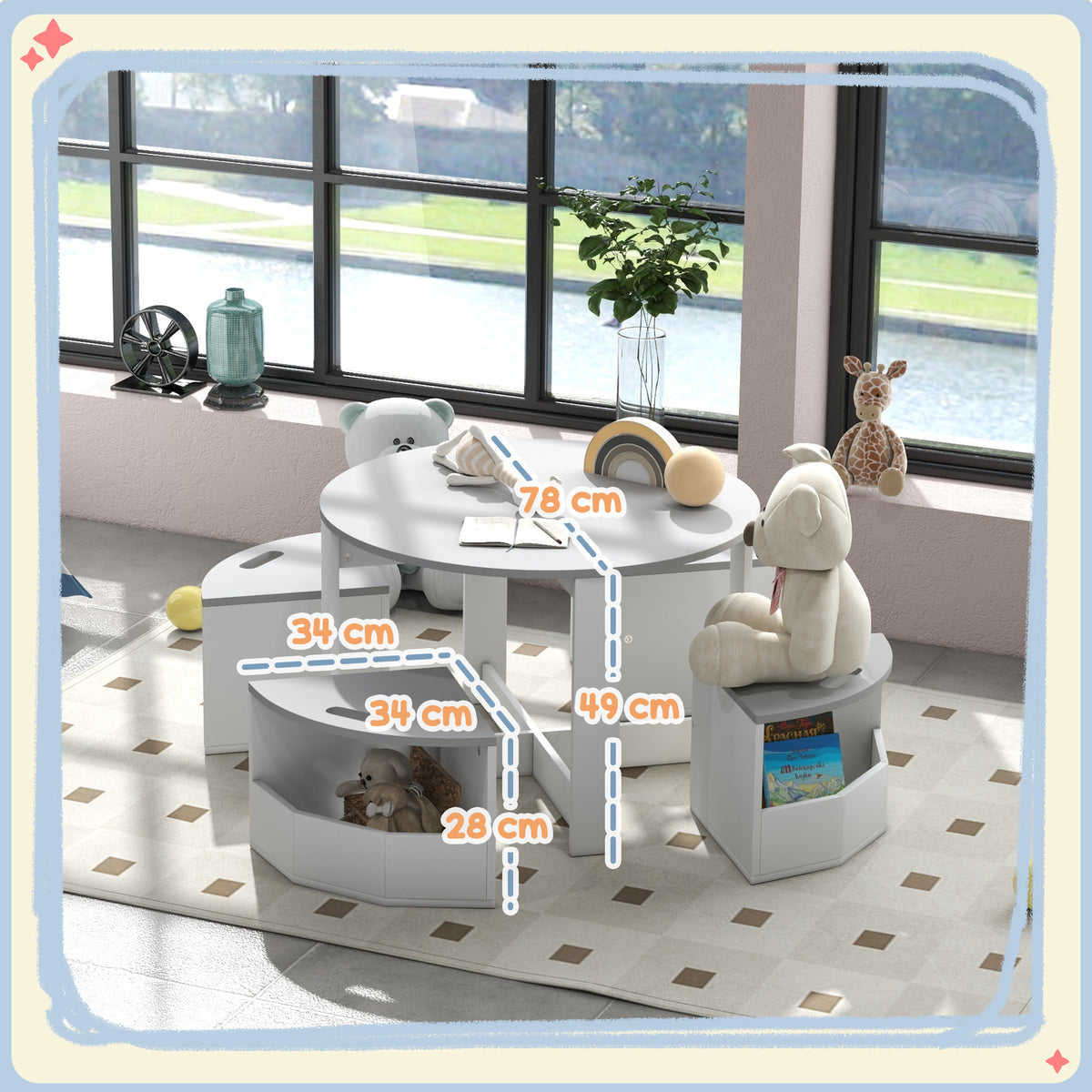 Table Enfant avec 4 Chaises 5 Pièces avec Rangement, Cadeau pour Fille Garçon 3-8 Ans, Ø 78 x 49 cm, Gris