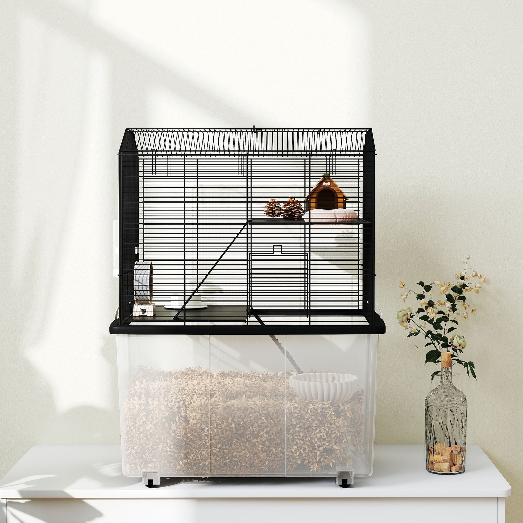 Cage hamster cage rongeur 3 étages avec roulettes plate-forme et échelle en fil d'acier 57 x 43 x 74 cm noir