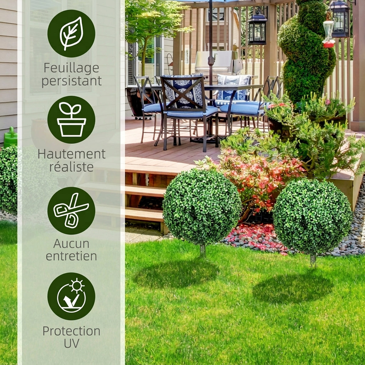 Lot de 2 Plantes Artificielles 70 cm, Boules de Buis, 440 Feuilles, Piquets, Résistant aux UV, Facile à Nettoyer, Vert