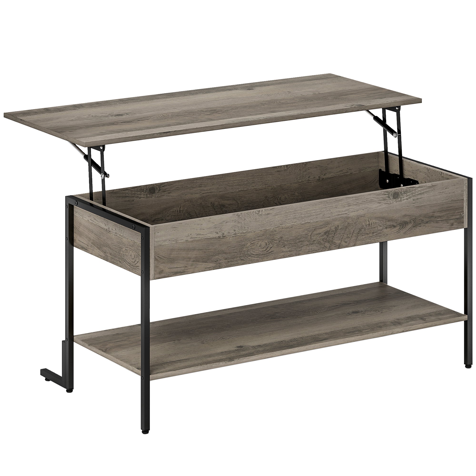 Table basse avec plateau relevable, table de salon avec compartiment caché et étagère ouverte, 95x40x59cm, gris-0