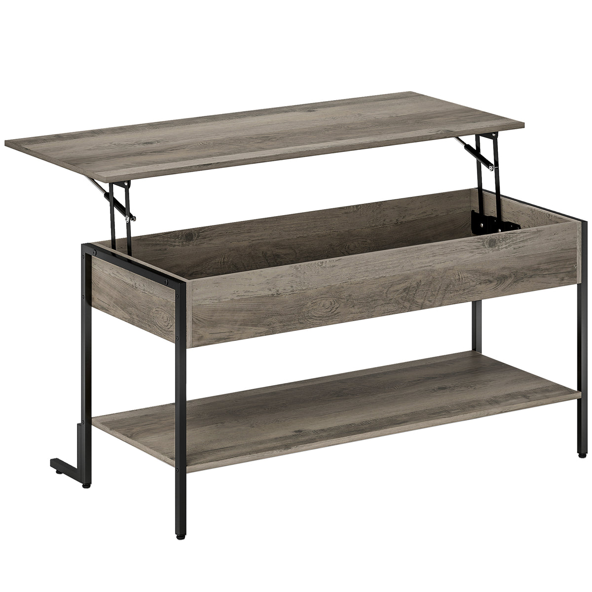 Table basse avec plateau relevable, table de salon avec compartiment caché et étagère ouverte, 95x40x59cm, gris